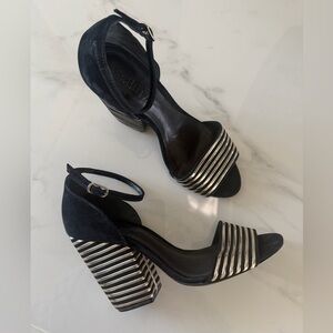 SCHUTZ Metallic Striped Block Heel Sandals -Black Suede-7B/38